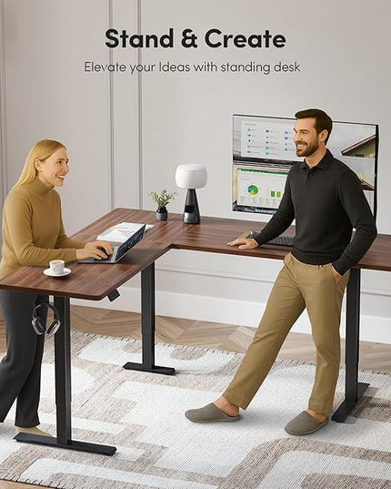 FEZIBO 63" x 55"L Shaped Standing Desk Adjustable Height, 63 Inch Electric Stand up Corner Computer Desk, Sit Stand Home Office Desk with Splice Board, Black Frame/Black Walnut Top
