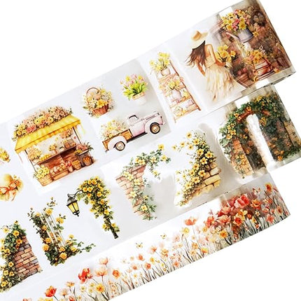 AuriicLeaf Floral Sea PET Tape Set, 3 Rolls Pre-Cut Botanical Stickers for Scrapbooking, Journaling, DIY Crafts, and Collage Art (30 mm/50 mm/55 mm)