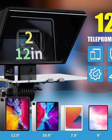 i2/12-inch professional teleprompter, tempered optical glass, all-metal structure, equipped with remote control and dedicated app, compatible with a wide range of devices
