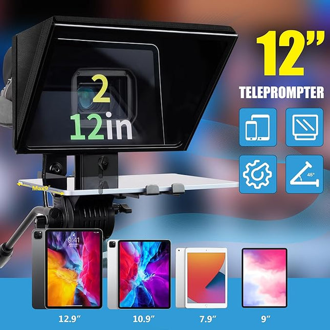 i2/12-inch professional teleprompter, tempered optical glass, all-metal structure, equipped with remote control and dedicated app, compatible with a wide range of devices