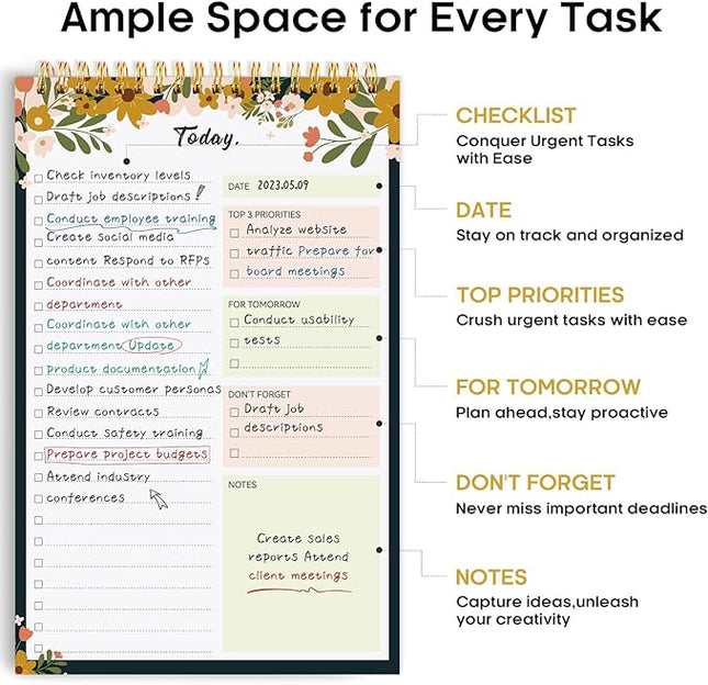 Taja To Do List Notepad - To Do List Notebook for Work with 52 Sheets, 9.8" x 6.5", Undated Daily Planner Perfect for Daily Tasks and Goal Setting, Notepad Suitable for Office, Home & School - Rustic Floral