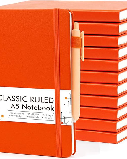 12 Pack Notebooks Journals Bulk with 12 Black Pens, Feela A5 Hardcover Notebook Classic Ruled Journal Set with Pen Holder for School Business Work Travel Writing, 120 GSM, 5.1”x8.3”, Orange