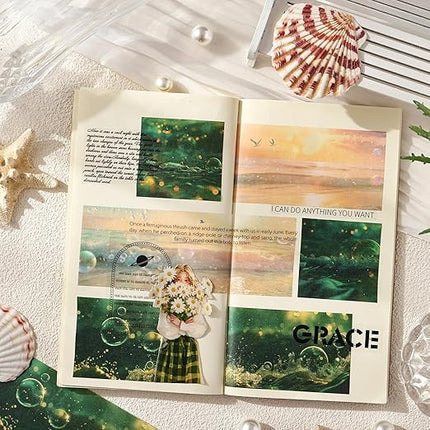 AuriicLeaf Ocean Fantasy Washi Tape Set – 6 Rolls with Dreamy Sunset, Wave and Bubble Patterns for Scrapbook, Journal, DIY Cards, with Mini Clip