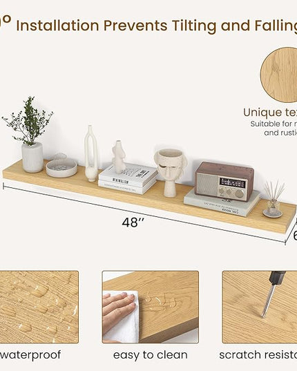 Dreamland 48Inch Floating Shelves for Wall, Rustic Wooden Storage Shelf for Living Room, Kitchen, Farmhouse, Wall Mounted Display Shelving with Invisible Heavy-Duty Metal Bracket, Set of 2 - Oak