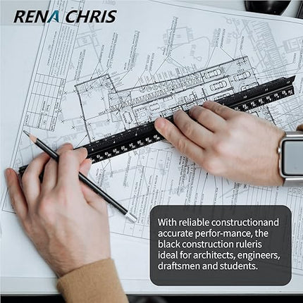 Rena Chris 2PCS Architectural Scale Ruler: 12" Imperial Aluminum Triangular Scale Ruler, Laser-Etched Architecture Ruler, Drafting & Architect Ruler for Architects, Students, Draftsman(Black)