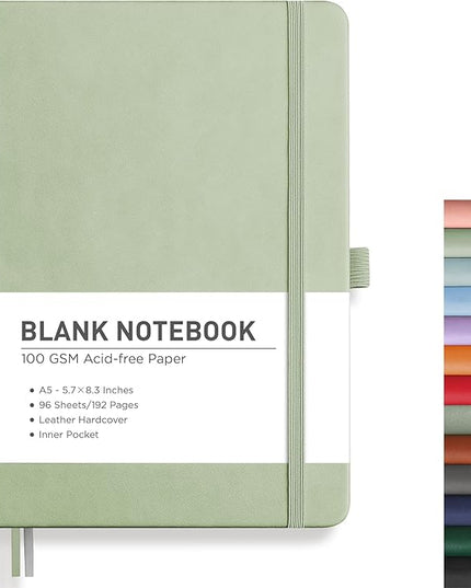 RETTACY Blank Journal Notebook, 192 Pages, A5 Medium Size (5.7'' x 8.3''), Leather Hardcover, 100 GSM Thick Paper, for Sketching, Drawing, Painting (Light Green)