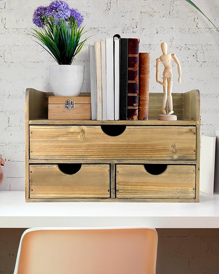Besti Wooden Office Desk Organizer - Organizing Tool for Desktop, Cubicle, Bedroom, Kitchen - Vintage Style Organization Caddy with Top Tray Shelf & 3 Drawers - 13.6x9x7 Inches (Rustic Burnt)