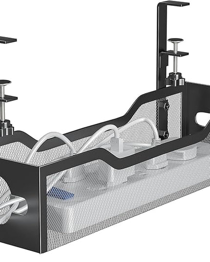 Under Desk Cable Management Tray 15.95", Quszmd Cable Organizer No Drill, Standing Cord Organizer and Wire Management Tray - No Damage to Desk, Black