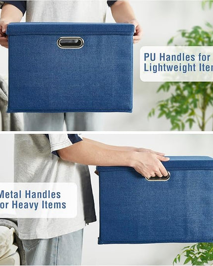 17" Large Collapsible Storage Bins with Lids, Stackable Closet Organizers with PU Handle and Labels, 3-Pack Decorative Fabric Storage Boxes for Home, Bedroom, Closet, Office, Nursery(Navy)