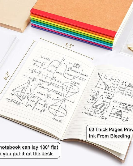 feela 16 Pack Composition Notebooks Bulk, Kraft Cover Lined Blank College Ruled Composition Travel Journals with Rainbow Spines For Women Students Business, 60 Pages, 8.3”x 5.5”, A5, 8 Colors