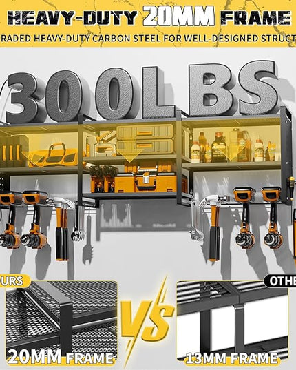Power Tool Organizer with Charging Station Wall Mount, 3 Layer Expanded Heavy Duty Garage Organization, 48.8 Inch Length Garage Tool Storage, 4 Drill Slot, 16" Standard Hole, Black