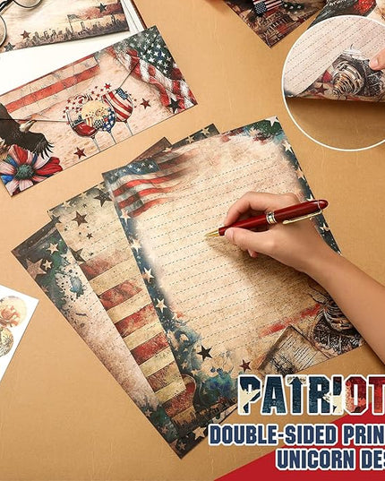 TaoBary 160 Pcs Stationery Paper Set 50 Double Sided Stationery Papers with 50 Matching Envelopes and 60 Round Dot Sticker, 10 Design(Patriotic,8.5 x 11 Inch)