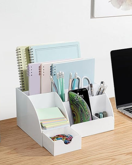 White Desktop Organizer - 9 Compartment Office Desk Accessories Organizer - Pen Holder