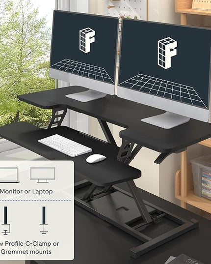 FLEXISPOT Standing Desk Converter 42-inch Spacious Sit to Stand up Dual Monitor and Laptop Riser, Big Size Tabletop Workstation with Large Keyboard Tray, Black