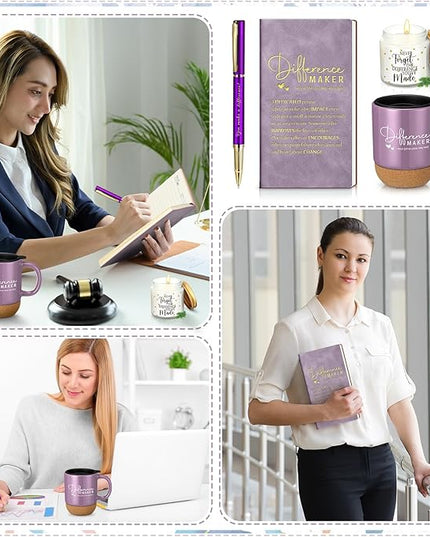 4 Pcs Difference Maker Gift for Women Men Teacher Employee Appreciation Gift for Coworker Staff Coach Difference Maker Mug Notebook Scented Candle Motivational Ballpoint Pen for Valentines(Purple)