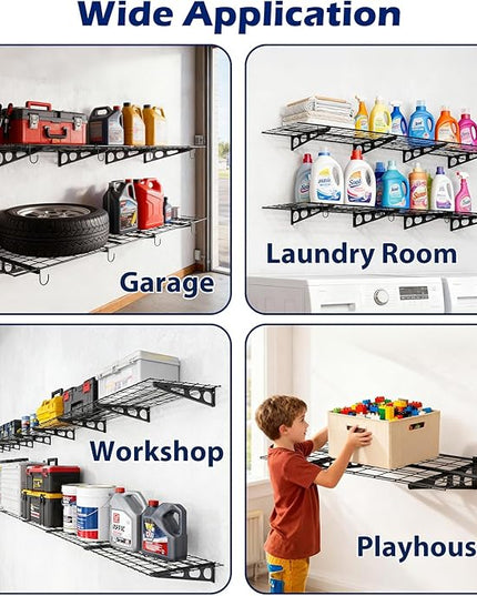 2x3 Ft Garage Wall Shelving, 700 lbs Heavy Duty Metal Garage Shelf Storage Organization, 24x36 Inch Wall Mounted Floating Shelves with Hooks, High Capacity, Space Saving, 2 Pack
