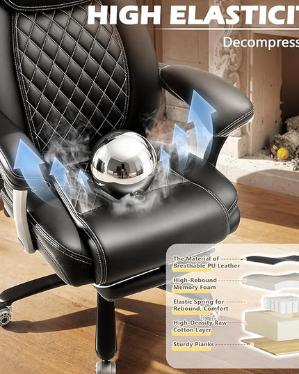 600LBS Large Heavy Duty Office Chair with Foot Rest,Reclining Big and Tall Office Chair with Pocket Spring Cushion, Comfy High Back with Adjustable Lumbar Support,Dual Rubber Wheel