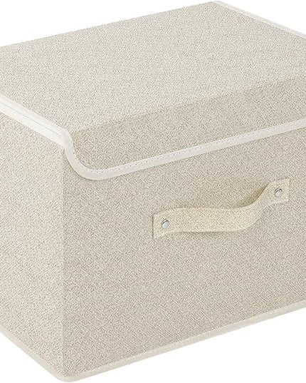 Storage Boxes, Collapsible Storage Bins with Lids, Cotton and linen cloth Storage Baskets with Handle, for Books, Closet, Bedroom, Home, 15x9.8x9.8 in, Grey and Beige