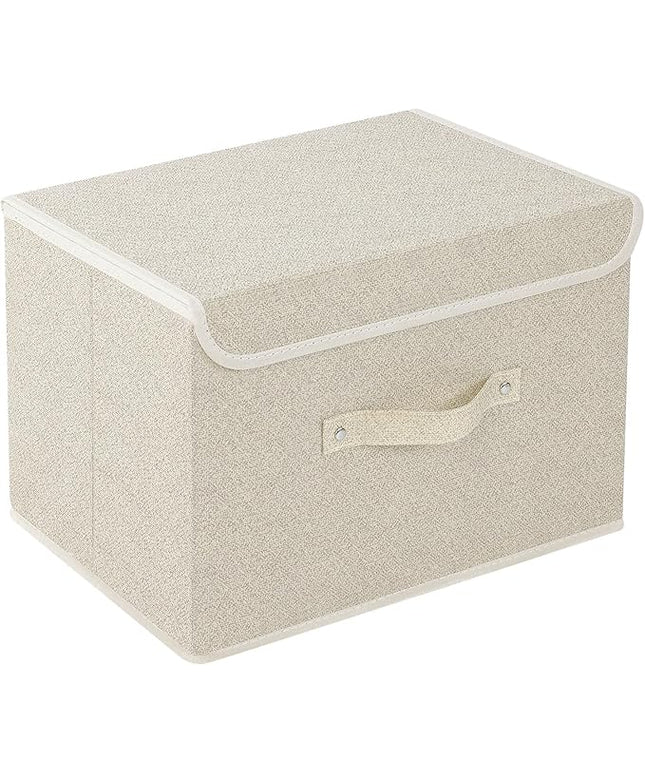 Storage Boxes, Collapsible Storage Bins with Lids, Cotton and linen cloth Storage Baskets with Handle, for Books, Closet, Bedroom, Home, 15x9.8x9.8 in, Grey and Beige