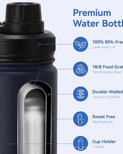 DOMICARE 16 oz Kids Water Bottle for School Stainless Steel Double Wall Vacuum Insulated Water Bottle with Straw lids & Spout Lid, Leakproof BPA Free (Navy,4)