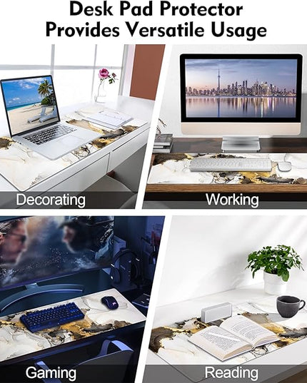 Galdas Large Mouse Pad XXL XL Large Mouse Pad Long Extended Mousepad Desk Pad Non-Slip Rubber Mice Pads Stitched Edges Thin Pad (31.5x11.8x0.12 Inch)-Ink White Gold Marble