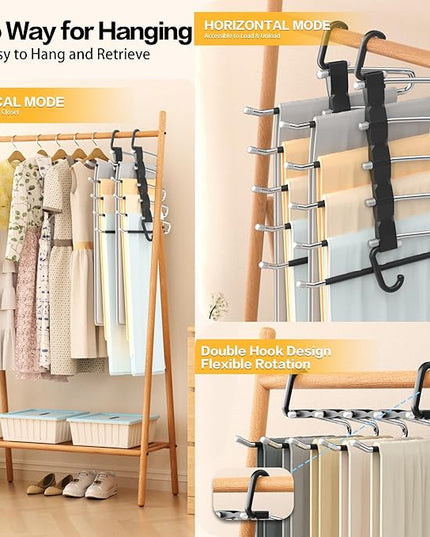 Pants Hangers Space Saving - 2 Pack Closet Organizer and Storage Jean Hangers, Stainless Steel Anti-Slip Clothes Hanger Scarf Holder for Pants Jeans Leggings Trousers Pant Rack, Black