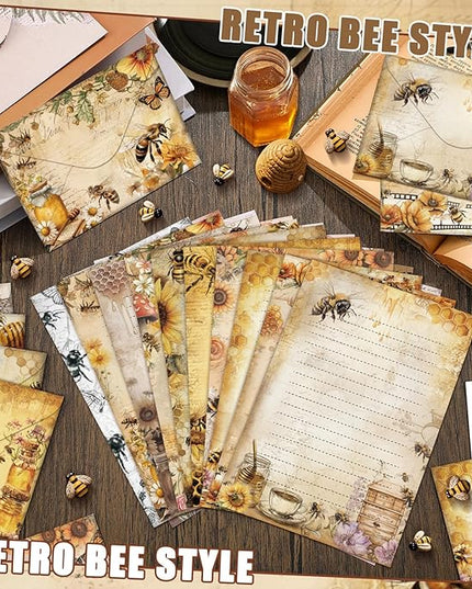 TaoBary 160 Pcs Stationery Paper Set 50 Double Sided Stationery Papers with 50 Matching Envelopes and 60 Round Dot Sticker, 10 Design (Vintage Bee Floral Butterfly,8.25 x 5.5 Inch)