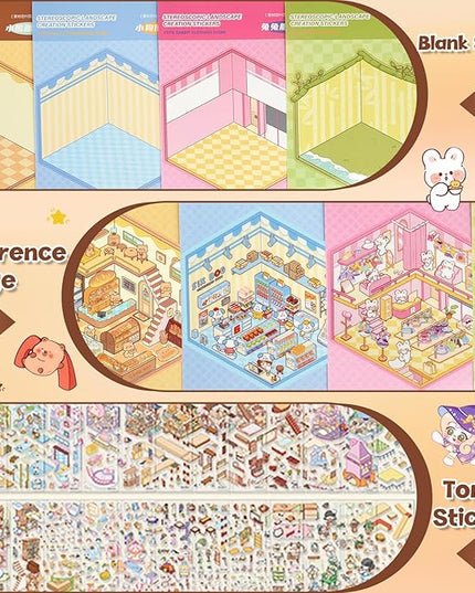 ASTARON 20 Sets DIY 3D Sticker Scene Book Sticker Therapy for Adults, Make Your Own Mini Cozy Shop House Room Stickers Cute Cartoon Miniature Stickers for Girls, Relief Stress Pass The Time