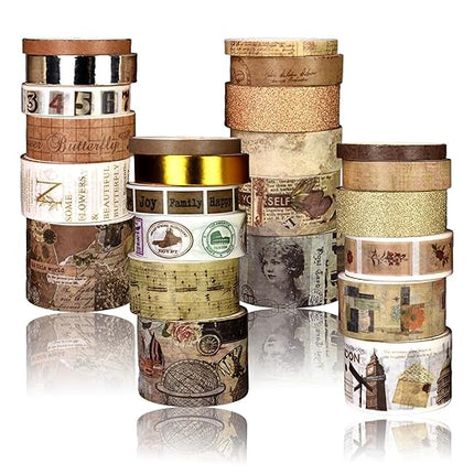 Sifaolp Washi Tape Set, 24 Rolls Vintage Washi Stickers, Assorted Sizes, for Junk Journal Scrapbook Tape, Bullet Journaling Scrapbooking Supplies, Planner Sticker DIY Craft DéCor (Brown)