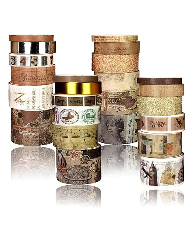 Sifaolp Washi Tape Set, 24 Rolls Vintage Washi Stickers, Assorted Sizes, for Junk Journal Scrapbook Tape, Bullet Journaling Scrapbooking Supplies, Planner Sticker DIY Craft DéCor (Brown)