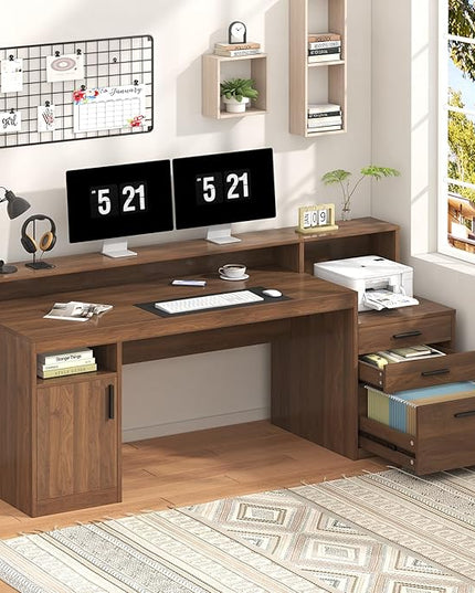 Computer Desk with 3 Drawers & Storage Shelves, 65 Inch Home Office Desk with File Drawer & Cabinet, Writing Study Desks with Monitor Stand & Printer Shelf, Executive Desk, Brown