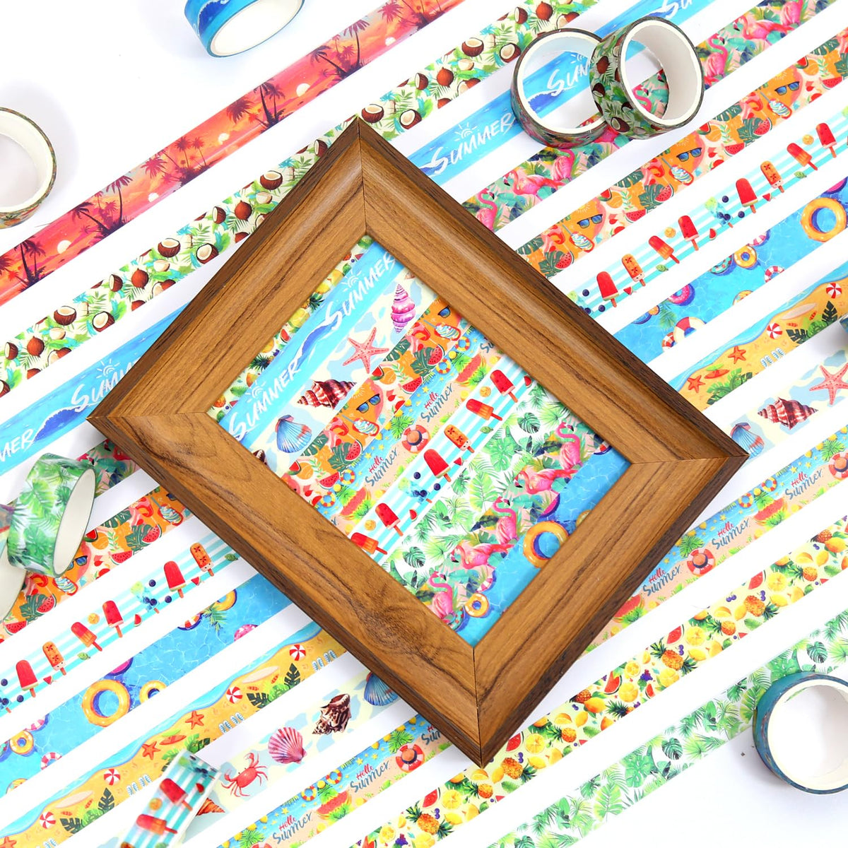 NIKOMIE Summer Washi Tape Set,12 Rolls Hawaii Beach Holiday Decorative Tape Flamingo Tropical Leaves Coconut Watermelon Pineapple Masking Tape for Journaling Supplies, Gift Wrapping, DIY Art&Crafts