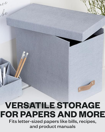 Bigso John File Box - File Storage Box and File Organizer for Important Paperwork - Durable Hanging File Box with Lid and Leather Handle - 7.36 in x 13.26 in x 10.51 in - Ash
