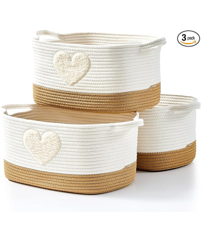 Storage Bins Woven Baskets for Storage Set of 3, Cotton Rope Basket with Handles for Toys/Shelves/Laundry, Rectangle Multi-Purpose Organizer for Living Room, Bedroom, Nursery (Heart)