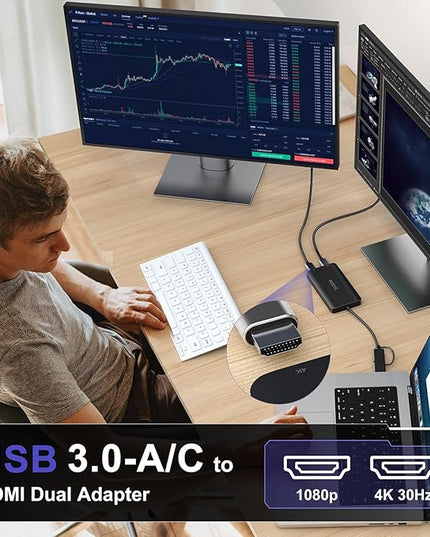 KOZYC USB 3.0 to HDMI Splitter Extended Display Dual Monitors, USB 3.0-A/C to Dual HDMI Adapter 4K@30Hz+1080p@60Hz Compatible MacBook/MacBook Pro Air Dell (MST Support MacOS/Windows)