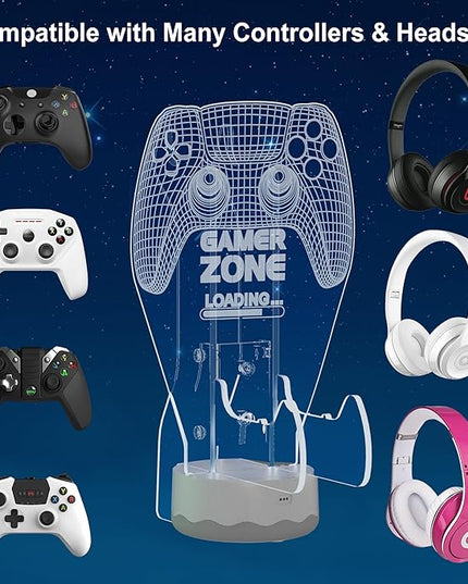 Light up Headset and Controller Stand, 16 Colors 3D LED Lights Gamepad Headphone Holder with Remote Control, Game Controller Hanger for All Universal Gaming PC Accessories