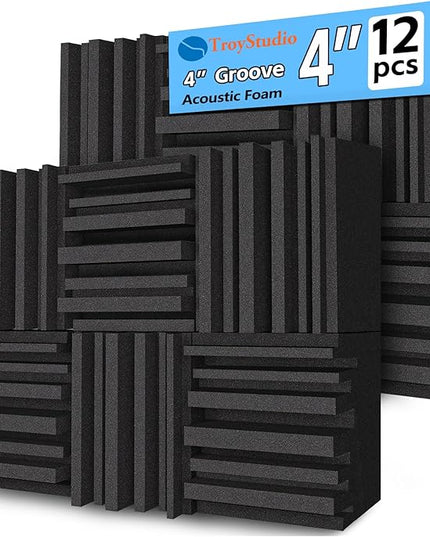 TroyStudio Thick Acoustic Foam Panels, 12 X 12 X 4 Inch 12 Pcs Broadband Sound Absorbing Foam, Dense Soundproof Padding Tile, Recording Studio Foam Absorber, Groove Decorative 3D Wall Ceiling Panel