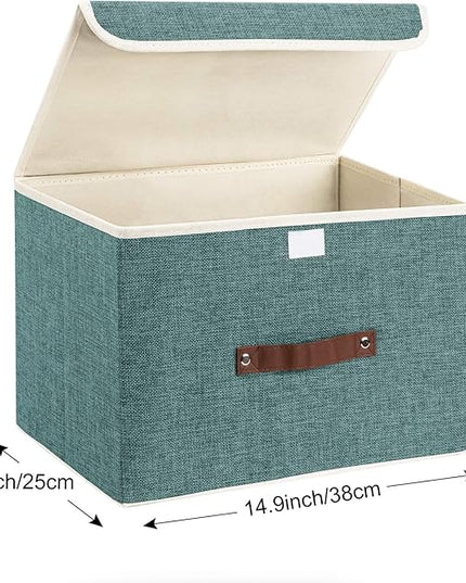 TYEERS Collapsible Storage Boxes, Washable Fabric Storage Bins with Lids, 14.9x9.8x9.8 inches, 3 Pack, Aqua Deep