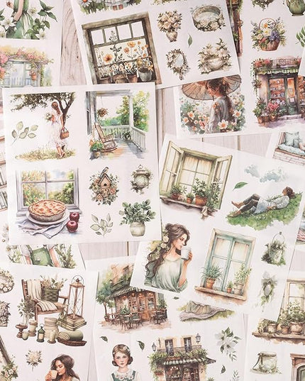 YagCu Garden Journal Stickers, 50 Sheets Washi Junk Journaling Sticker Book, Scrapbook Supplies, Watercolor Scrapbooking for Adults, Green Decorative Ephemera Arts Craft