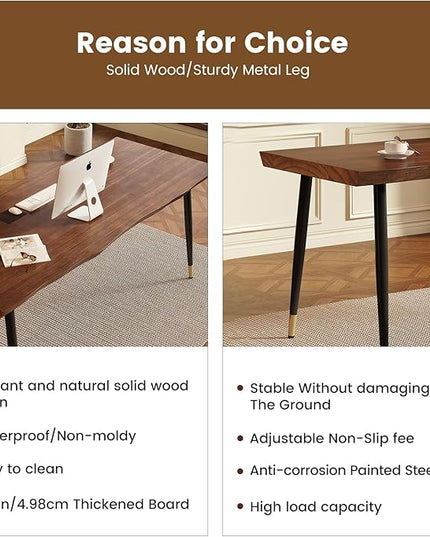 Solid Wood Desk 55 inches, Home Office Computer Desk Wooden Rustic Writing Desk Metal Modern Simple Design Executive Real Wood Desk(Walnut)