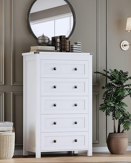 BORNOON Tall 5-Drawer Dresser, Modern Wooden Storage Chest of Drawers, Dresser TV Stand, Wood Drawer Organizer with Metal Handles for Bedroom, Living Room, Hallway