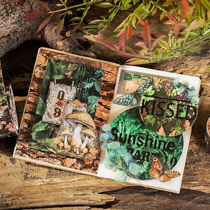 AuriicLeaf Nature-Inspired Washi Tape Set – 6 Decorative Rolls Featuring Realistic Plant, Pebble, Bark, Moss, and Water Designs for Journaling and Scrapbooking