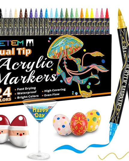 Betem Acrylic Paint Markers, Dual Tip 24 Colors Acrylic Paint Pens with Brush Tip and Fine Point, Art Supplies for Rock, Wood, Canvas, Stone, Glass, Ceramic, Rock Painting Christmas Gift