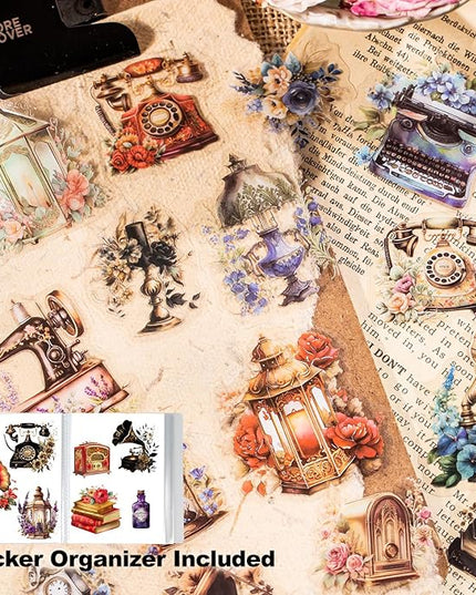 MiyouLuna 240Pcs PET Scrapbook Stickers Vintage Floral Designs for Scrapbooking DIY Crafts Waterproof Journaling Supplies Junk Journal Ephemera with Storage Organizer