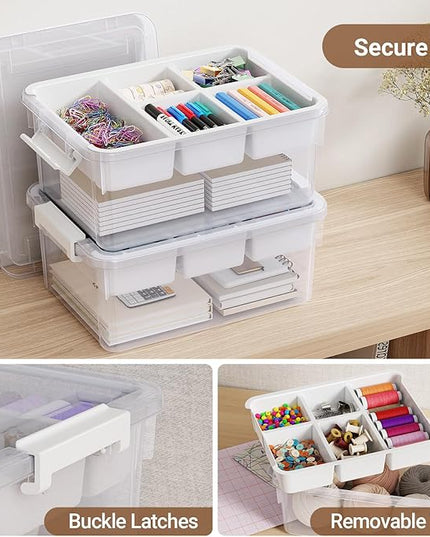 80Qt Stackable Storage Bins with Lids & Trays, Clear Plastic Latching Boxes Organizers with Dividers Portable 20Gal Containers for Arts & Crafts, Home and Car Trunk Organization, 4Pack