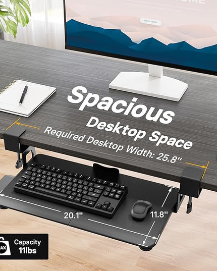 BONTEC KMT01-PJ Under Desk Keyboard Tray, Pull-Out Keyboard & Mouse Platform with C-Clamp, 20 x 11.8 in Space-Saving Ergonomic Slide-Out Drawer, Black