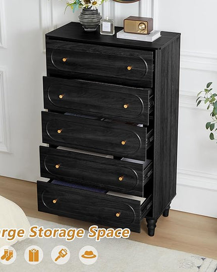 ORRD 5 Drawer Fluted Dresser for Bedroom Set of 2, Mid Century Modern Chest of Drawers, Wood Storage Large Dresser Organizer for Bedroom Living Room Hallway Closet, Black