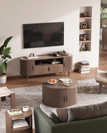 JOINICE 31.5" Round Lift Top Coffee Table, Mid Century Modern Walnut Center Table with Hidden Storage, Fluted Drum Wood Design for Small Living Room & Apartment