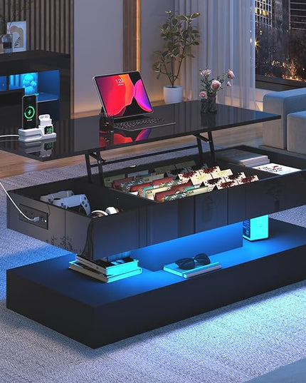 47.2" Large Lift Top Coffee Table,Modern High Glossy LED Coffee Tables for Living Room with Storage,Black Living Room Tables for Living Rooms,Dining Room,Bedroom Home Office,APP LED Lights（Black）
