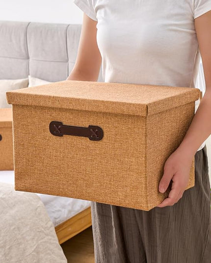 Enzk&Unity Decorative Storage Bins with Lids, Fabric Linen Foldable Storage Box with Handle Home Organizer for Shelf, Closet, Bedroom, Living Room, Office, 3 Packs, Brown